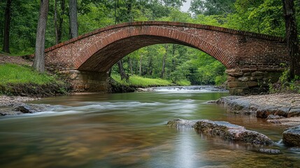 Fototapeta premium A historic brick bridge arching over a serene river, blending nature and engineering in a picturesque setting.