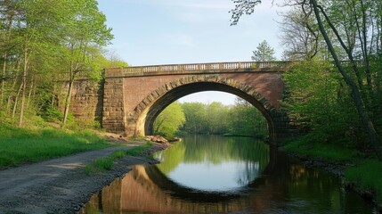 Fototapeta premium A historic brick bridge arching over a serene river, blending nature and engineering in a picturesque setting.