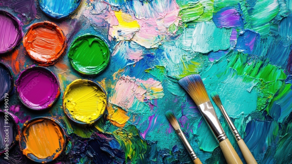 Aufkleber Bright splashes of paint fill the artist's palette, while brushes create lively abstract strokes on the canvas, showcasing creativity. Generative AI