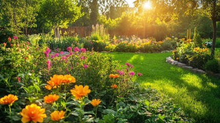 Obraz premium A picturesque garden filled with bright, blooming flowers and lush greenery under the afternoon sun.