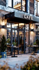 Fototapeta premium A cafe with a black awning and a sign that says Cafe