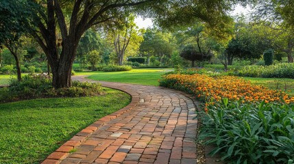 Obraz premium A rustic brick pathway in a charming park, guiding visitors through a picturesque landscape. -