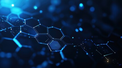 Abstract hexagonal shapes interconnected with blue lights on a dark background, giving a modern futuristic feel.
