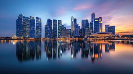 Obraz premium A serene skyline view captured at dusk, with soft lighting creating a calm and inviting atmosphere.