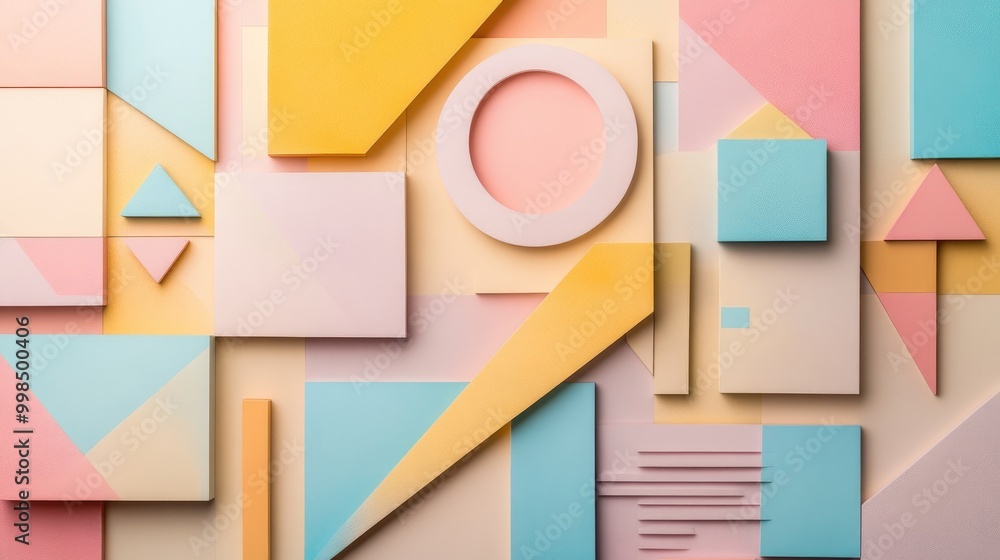 Poster a series of geometric shapes in pastel colors on a neutral background, creating a calming visual com