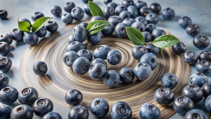 Flying swirl wave of Blueberries with green leaves in the air isolated on background, popular season berries fruit.