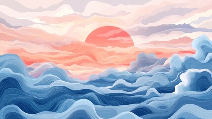 Abstract sea landscape wall art vector background. Sky, clouds and storm. Sea decoration collection design for interior, flyers, poster, cover, banner. Modern hand draw painting for design interior.