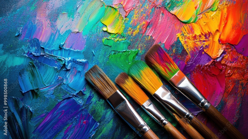 Poster bright splashes of color emerge from a palette and brushstrokes as paintbrushes lay beside a canvas,