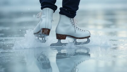 Close-Up of Ice Skates Gliding on Smooth Ice with Crystals of Snow