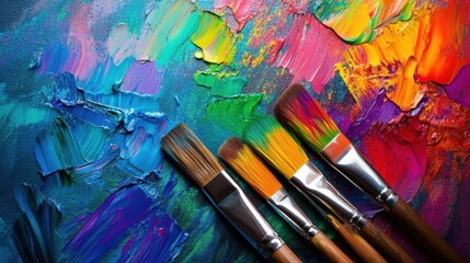 Fototapeta premium Bright splashes of color emerge from a palette and brushstrokes as paintbrushes lay beside a canvas, capturing artistic expression. Generative AI