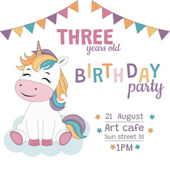 3 years Birthday party invitation with unicorn