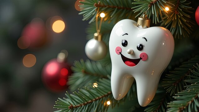 White smiling tooth hanging on Christmas tree on a festive background. dental new year concept. Free space for text. Christmas medical background, card, banner