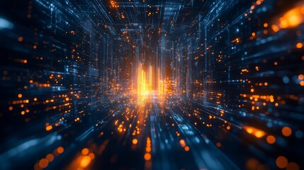 3D rendering of a futuristic abstract background with glowing digital technology and cyber city elements