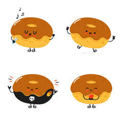 Funny Chocolate Doughnut characters bundle set. Vector hand drawn doodle style cartoon character illustration icon design. Cute Doughnut mascot character collection