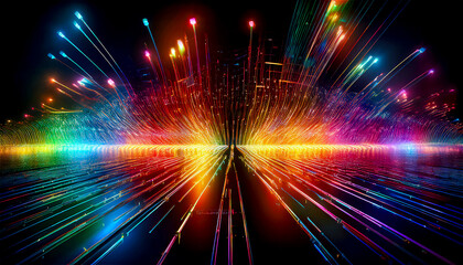 Visualistion concept of quantum entanglement with bright multicoloured signals on a dark black background, quantum processor