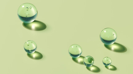 Spheres of gel or face serum, 3d rendering ingredients of cosmetic products such as peptides, water, oil and vitamins