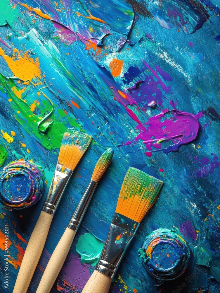 Poster brightly colored paint splashes adorn the canvas while brushes wait patiently for the next stroke in