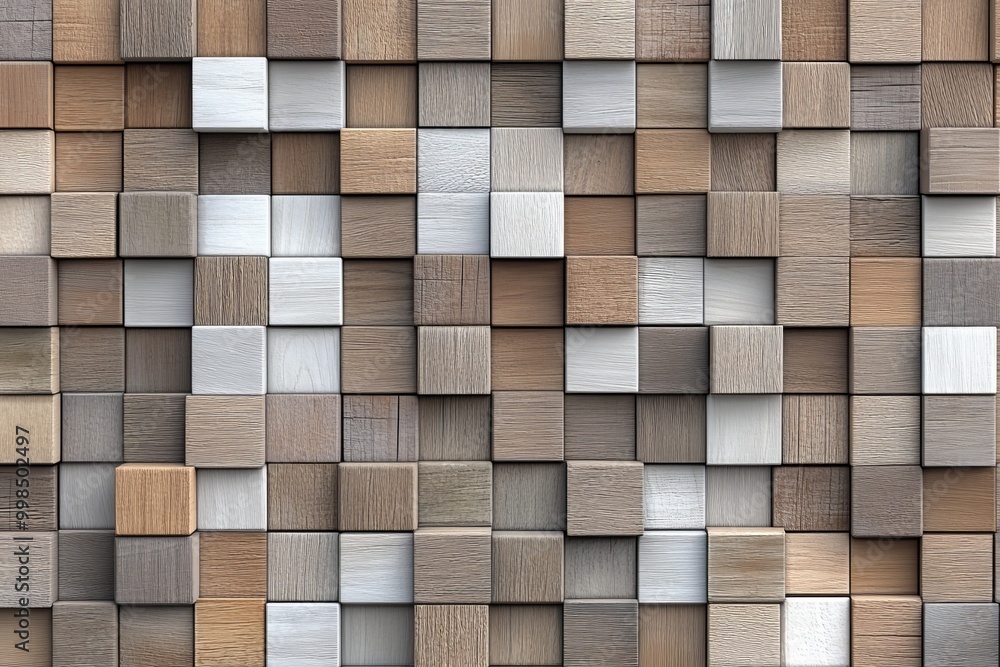 Poster rendering in 3d of wood cubes arranged in a square pattern of soft sheen on a wall background. 3d, w