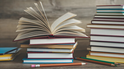 Naklejka premium A stack of open books with pencils and notebooks, symbolizing education as a tool to break the cycle of poverty. 