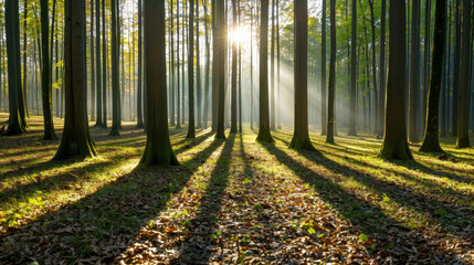 Serene forest clearing tall trees carpet of leaves dappled sunlight creates magical atmosphere enchanted woodland scene nature photography tranquil escape. Ethereal woodland landscape sunlit forest.