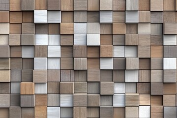 Rendering in 3D of wood cubes arranged in a square pattern of soft sheen on a wall background. 3D, wooden wallpaper created by AI.