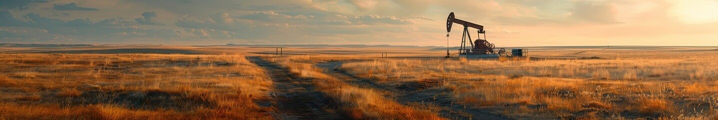 Fototapeta premium Oil pumpjack operating in a vast Texas plain during a beautiful golden sunset. Free copy space for banner.