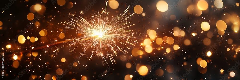 Poster a sparkling new year's background with golden bokeh lights and fireworks