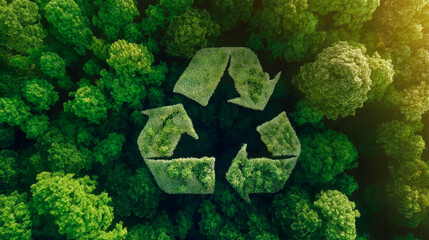Recycling logo or symbol integrated in nature with green leaves. Concept of recycling, sustainability, ecology and care of planet earth.