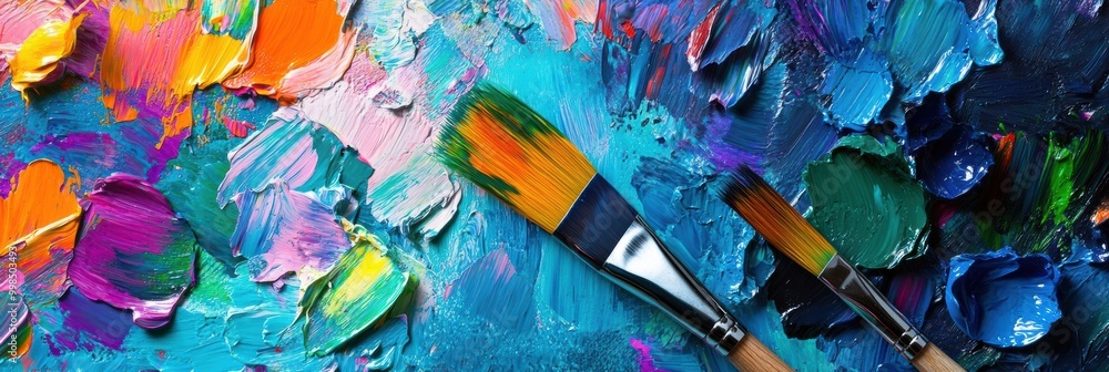 Aufkleber Colorful splashes of paint blend on a palette while brushes lie beside a canvas, showcasing a lively artistic process. Generative AI