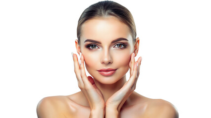 A woman looks straight into the camera, her hands delicately framing her face.The background is transparent, highlighting the woman's clear skin and cheerful expression.Cosmetic concept. AI generated.