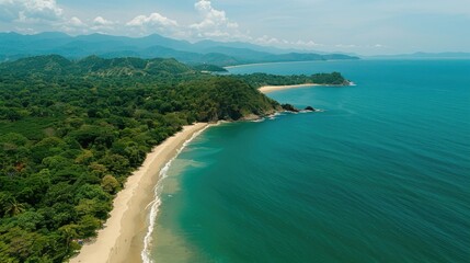 Drone view, tranquil forest, beach, mountain landscape