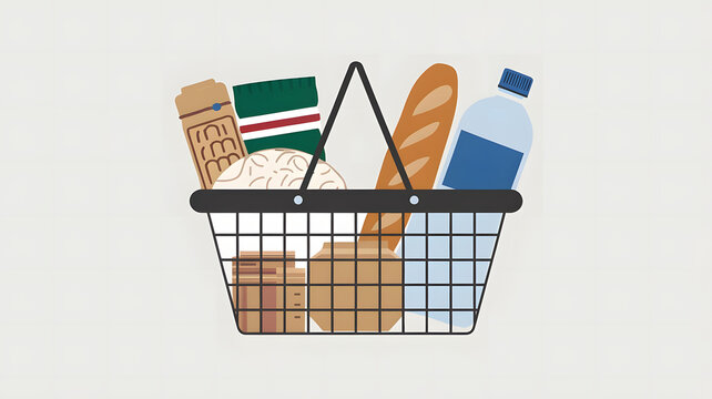 A minimalist grocery basket with essential items like rice, bread, and water, symbolizing the basic needs that should be accessible to all. (indicates World Poverty Day).
