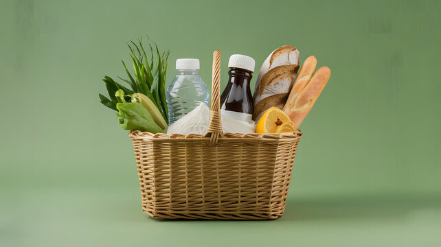 A minimalist grocery basket with essential items like rice, bread, and water, symbolizing the basic needs that should be accessible to all. (indicates World Poverty Day).
