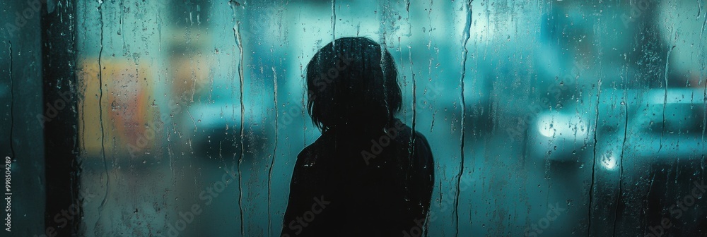 Poster a lone figure stands by a rainy window, lost in thought as raindrops trickle down the glass, creatin