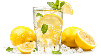 Refreshing Lemonade Drink with Ice and Mint on White Background