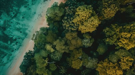 Drone view, tranquil forest, beach, mountain landscape