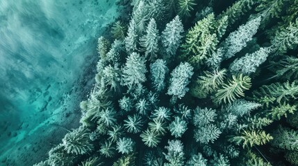 Drone view, tranquil forest, beach, mountain landscape