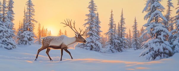Reindeer in snowy winter landscape at sunset