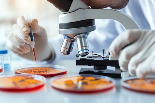 Scientist analyzing petri dish under microscope