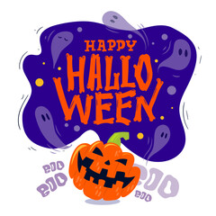 Halloween cartoon illustration. Jack-o'-lantern, ghost and spooky lettering. Used for seasonal design invitation, poster, greeting card, post social media and decoration. Vector file