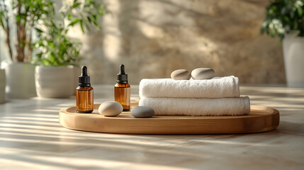 Serene Spa Setting with Essential Oils and Towels on Wooden Tray