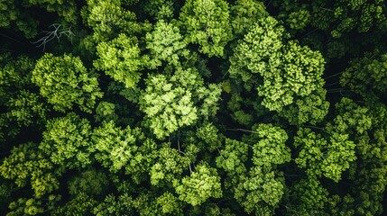 Fototapeta premium Drone view, tranquil forest canopy, with sunlight filtering through the lush green foliage