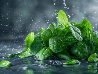 Fresh Spinach Leaves with Water Droplets on Dark Background