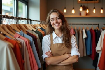 Smiling young salesgirl in uniform in a store with clothes on hangers in the background. Generative AI