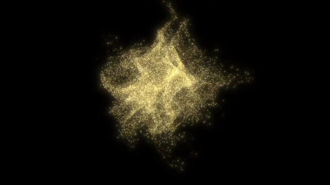 Golden Particles from Explosion Forming Smoke Pattern Black Background. Bright Flickering Gold Dust Floating Isolated. Abstract Energy Waves Flowing 3d Animation Design Element Concept 4k.