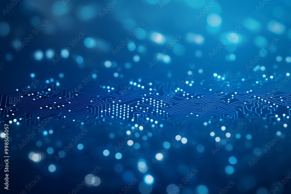 Poster an abstract technology background with neon circuits in blue