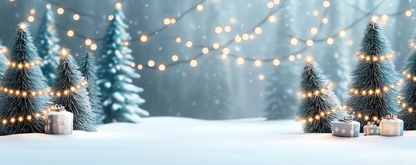 Winter scene with decorated trees, snowy background