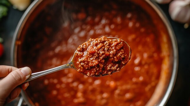 Hand Retaining a Serving Spoon of Real Bolognese Sauce: An Italian tomato and meat sauce known as ragu alla bolognese is served in a spoon over a big pot.
