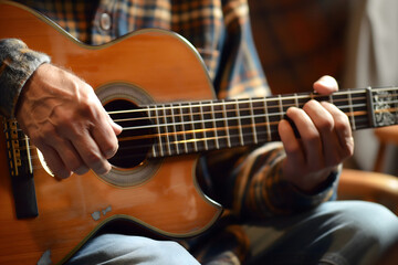 Obraz premium Close-Up of Guitarist Fingers Strumming Acoustic Guitar
