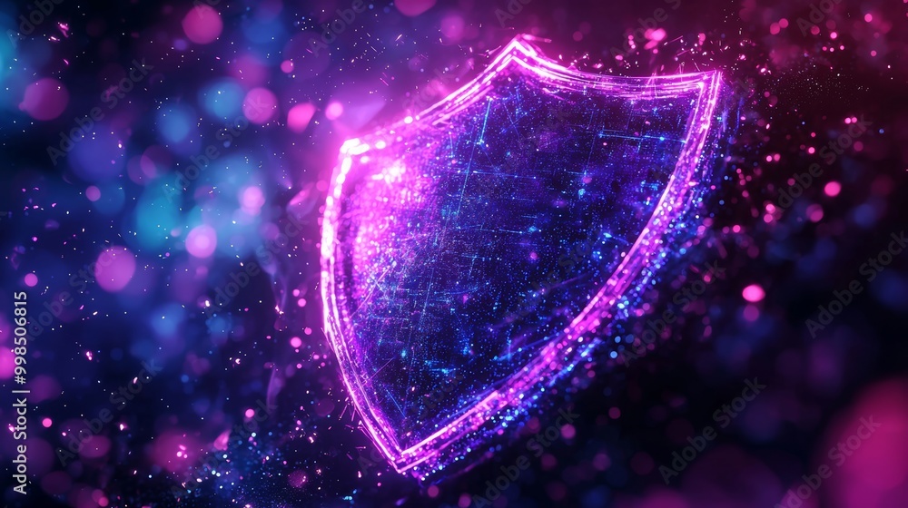 Poster a holographic shield made up of interconnected blockchain nodes that protects digital assets from cy